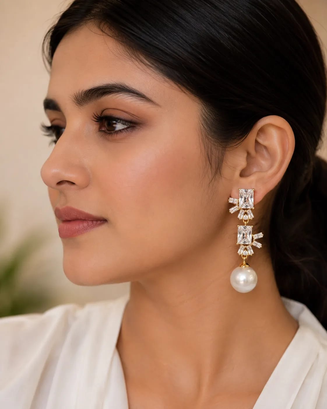 LUXARQ Gold Plated CZ Pearl Drop Earrings
