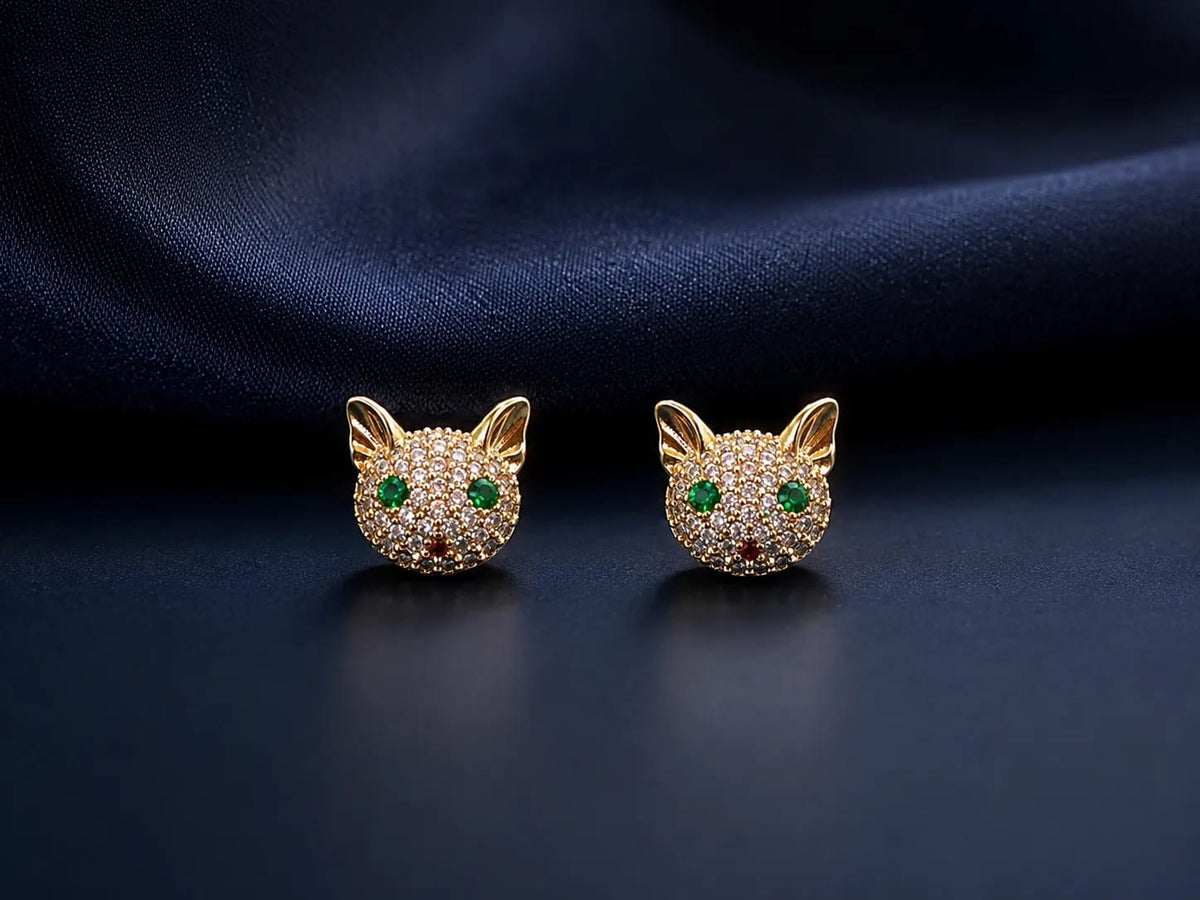 Feline Cat Face CZ Stud Earrings