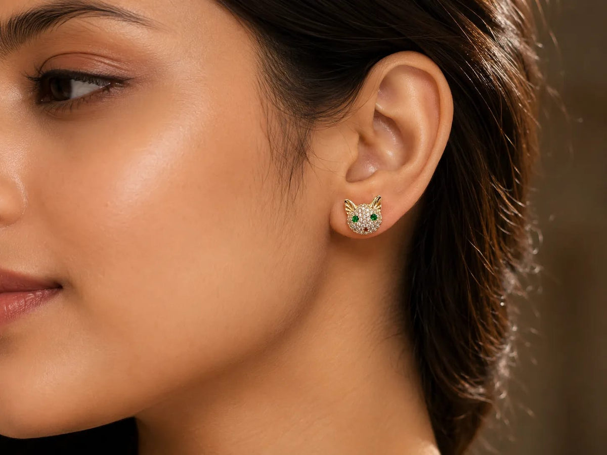 Feline Cat Face CZ Stud Earrings