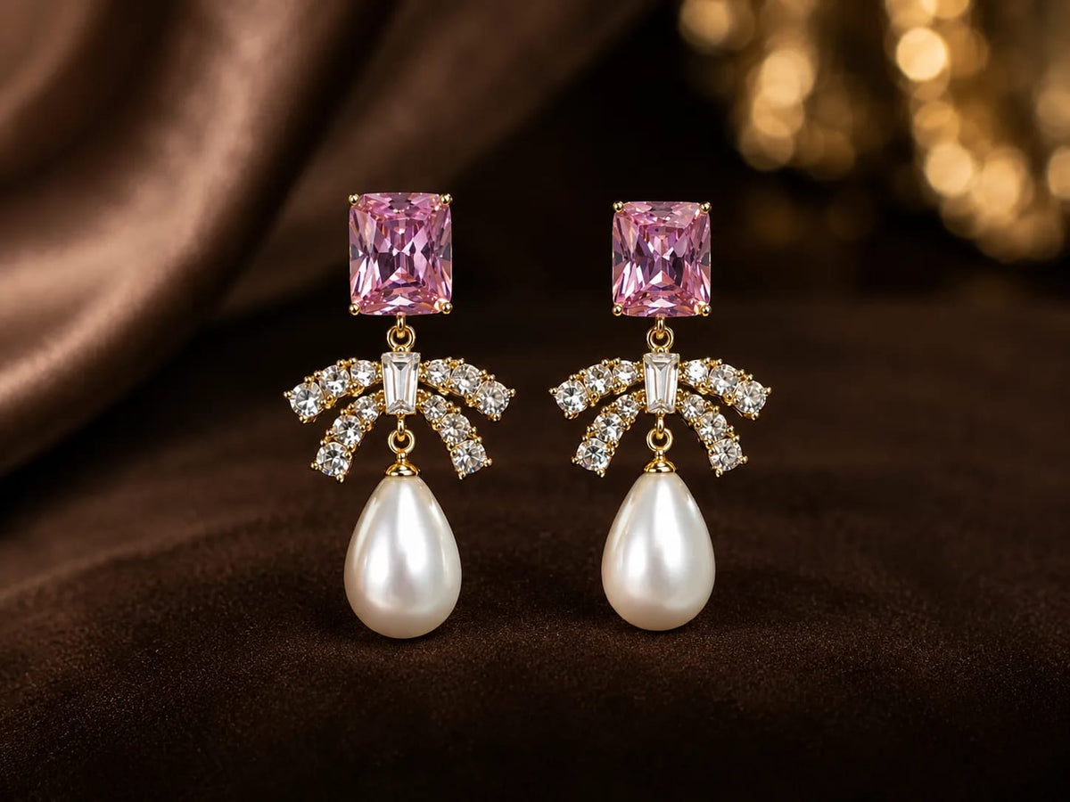 Roselle Pink CZ Bow Pearl Drop Earrings
