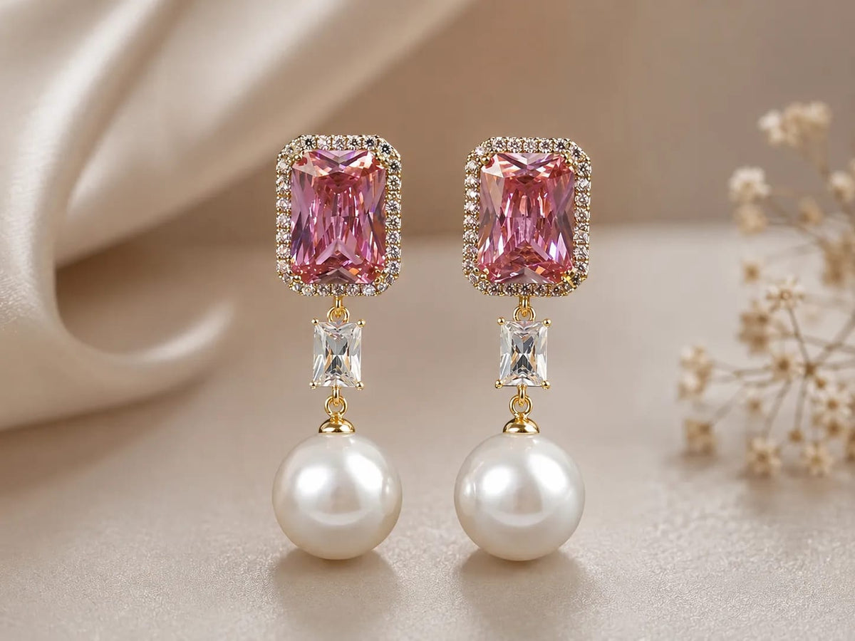 Roselle Pink CZ Pearl Drop Earrings