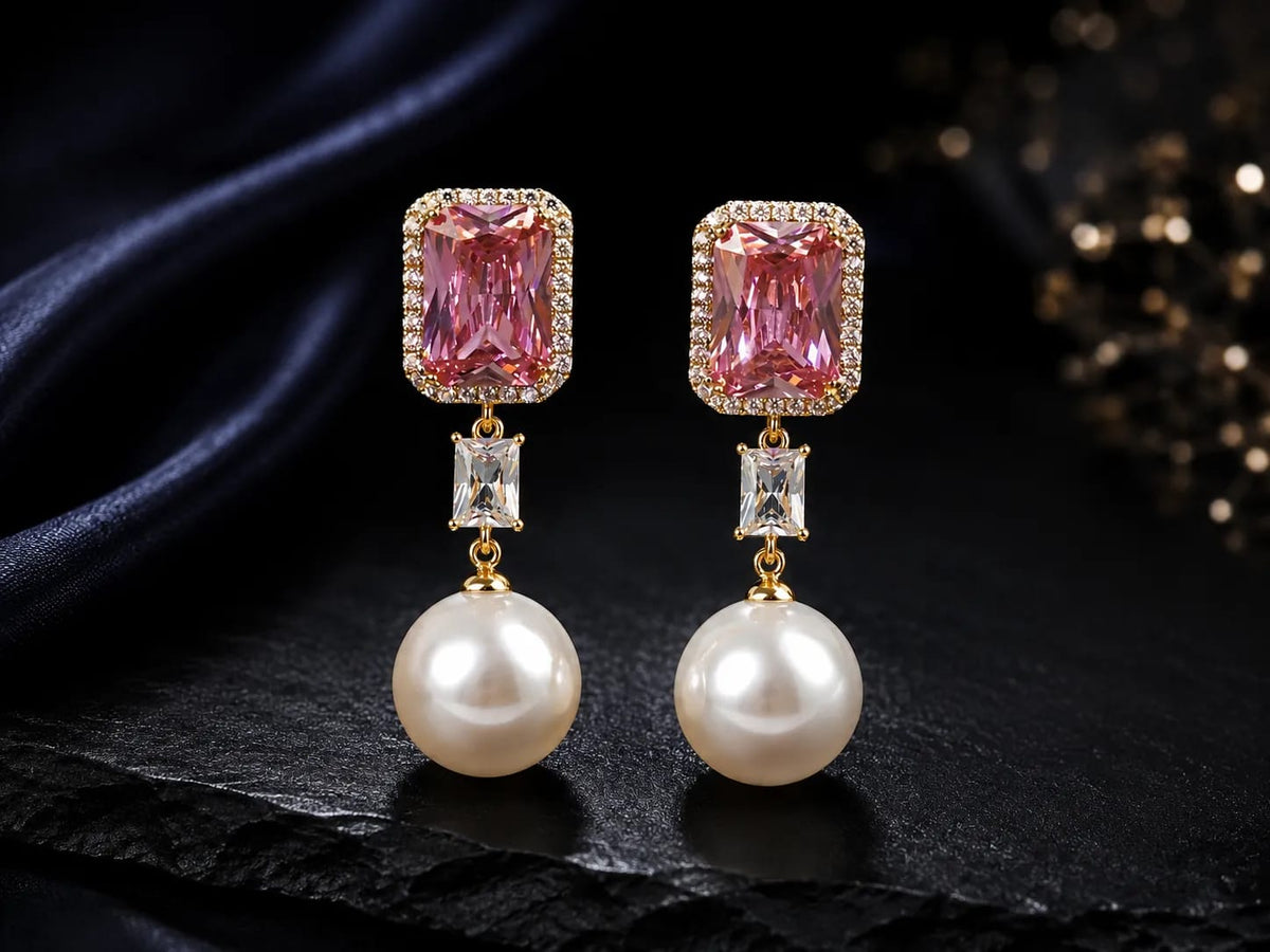 Roselle Pink CZ Pearl Drop Earrings