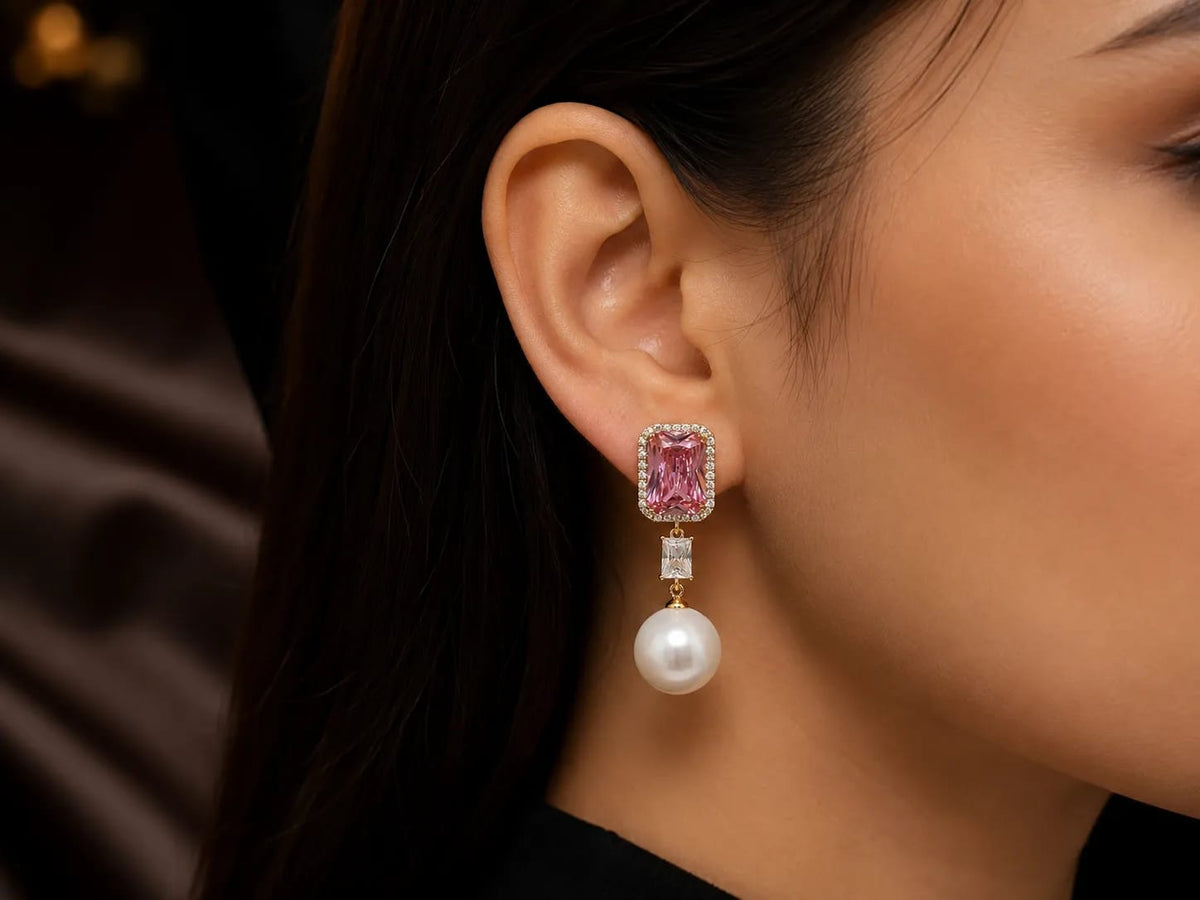 Roselle Pink CZ Pearl Drop Earrings