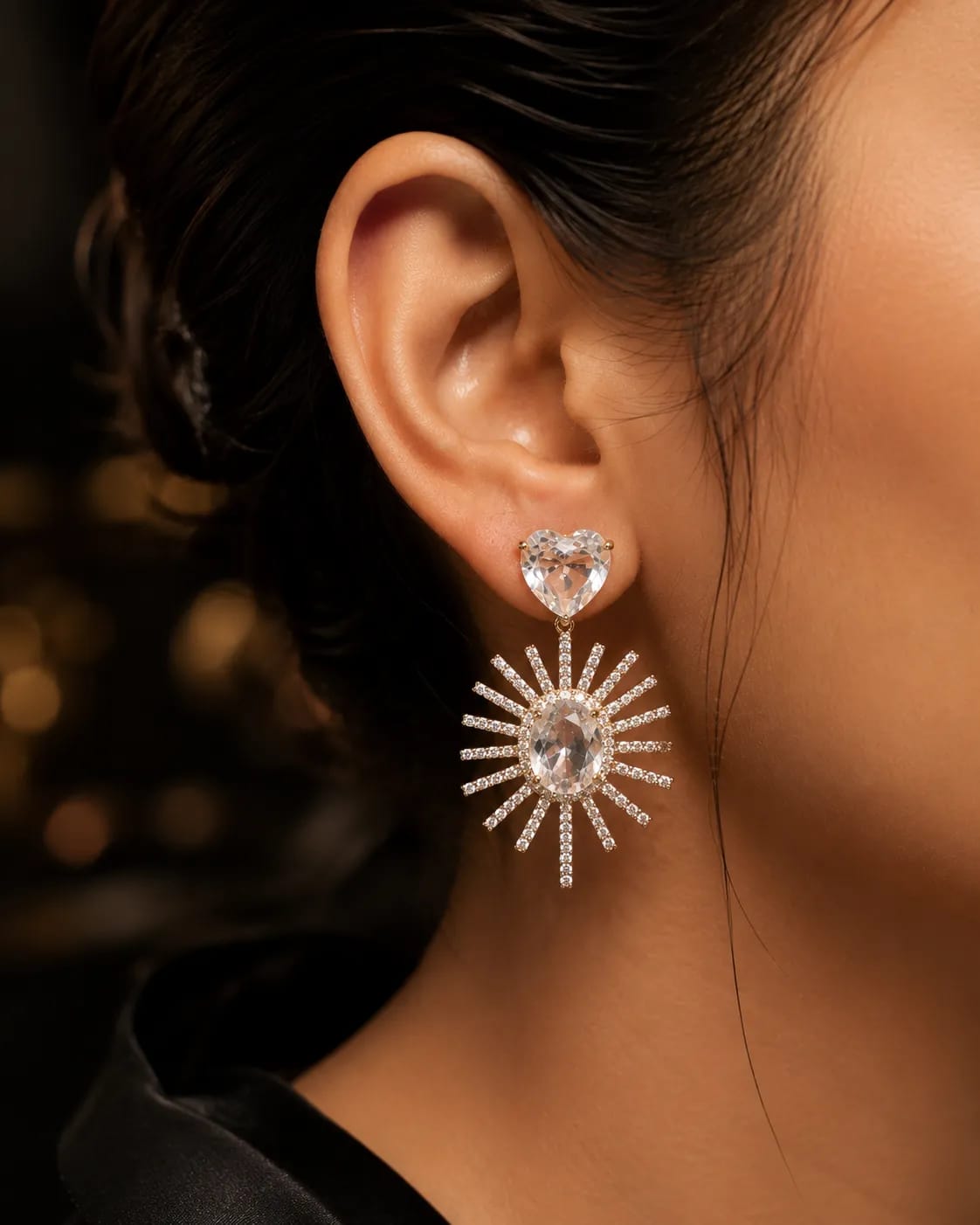 Solara Sunburst Heart CZ Statement Earrings