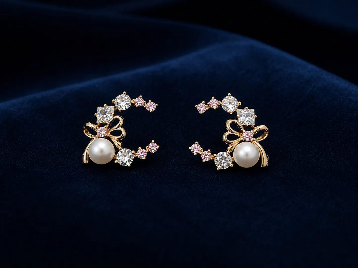 LUXARQ Pink CZ Pearl Bow Stud Earrings