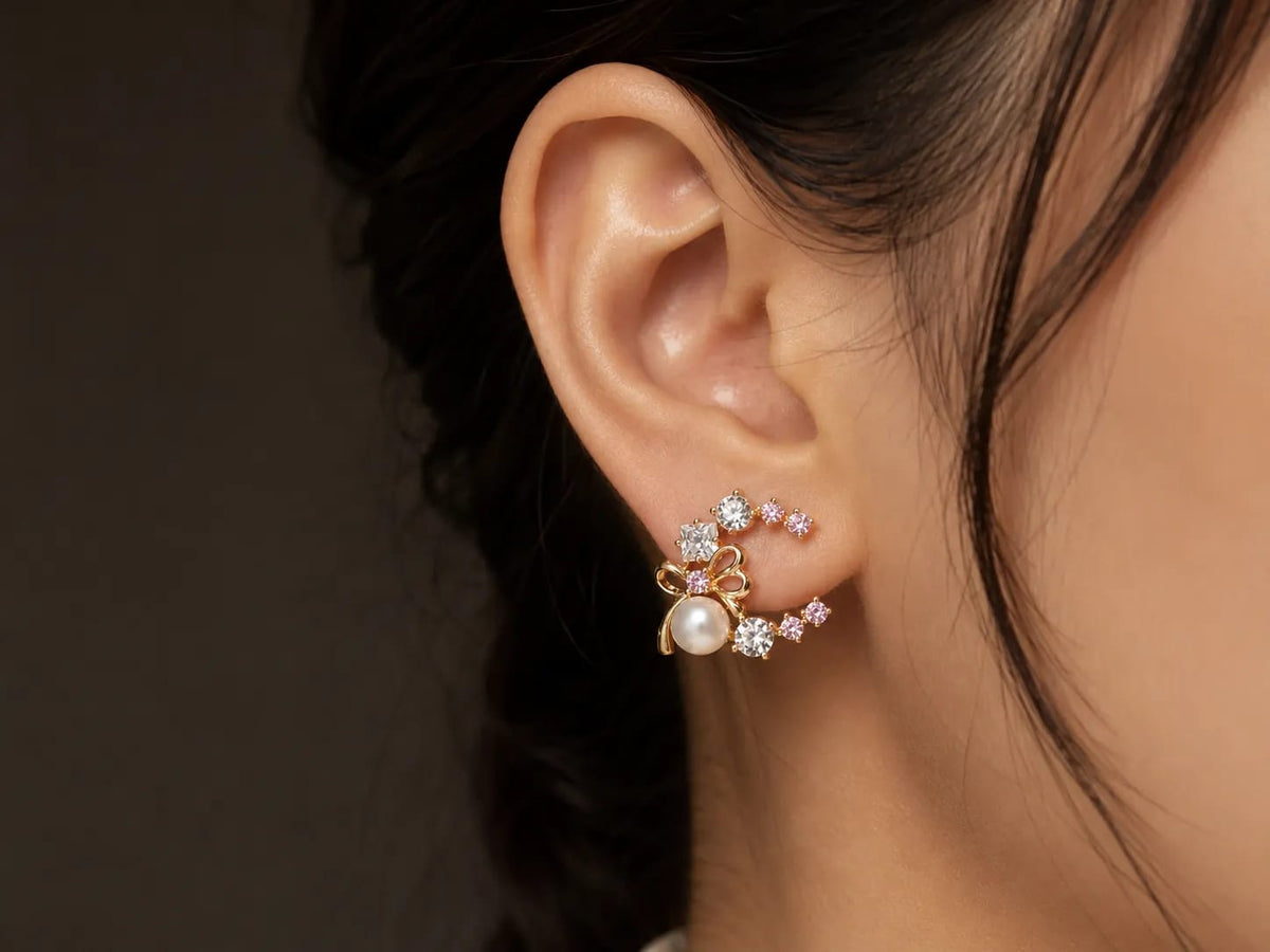 LUXARQ Pink CZ Pearl Bow Stud Earrings