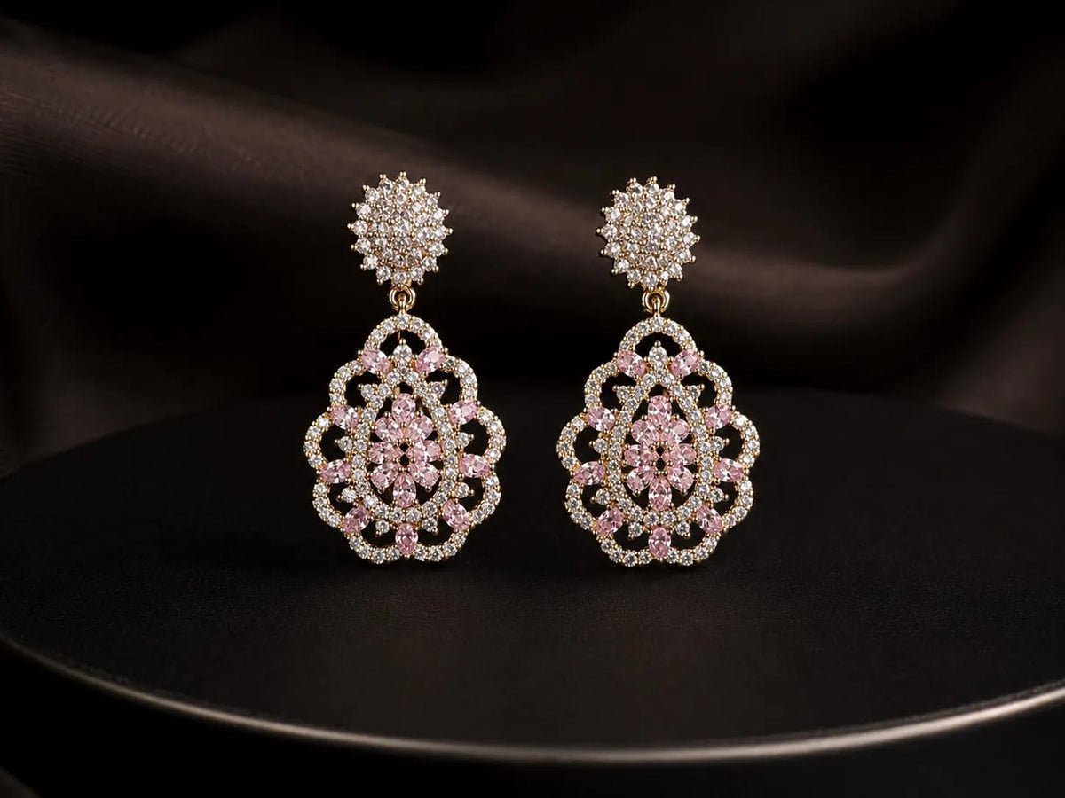 Roselle Pink Floral Antique Gold Drop Earrings