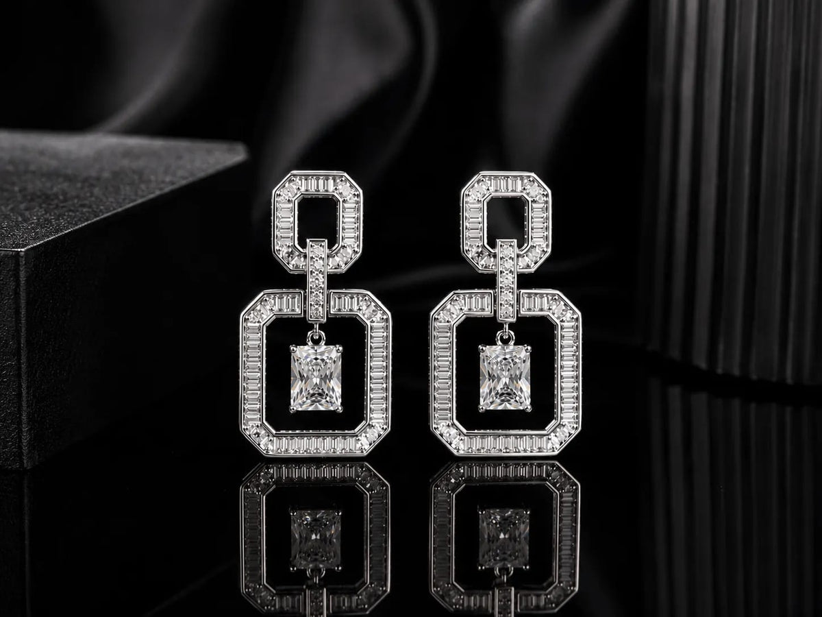 Crystelle Silver-Tone Geometric CZ Drop Earrings