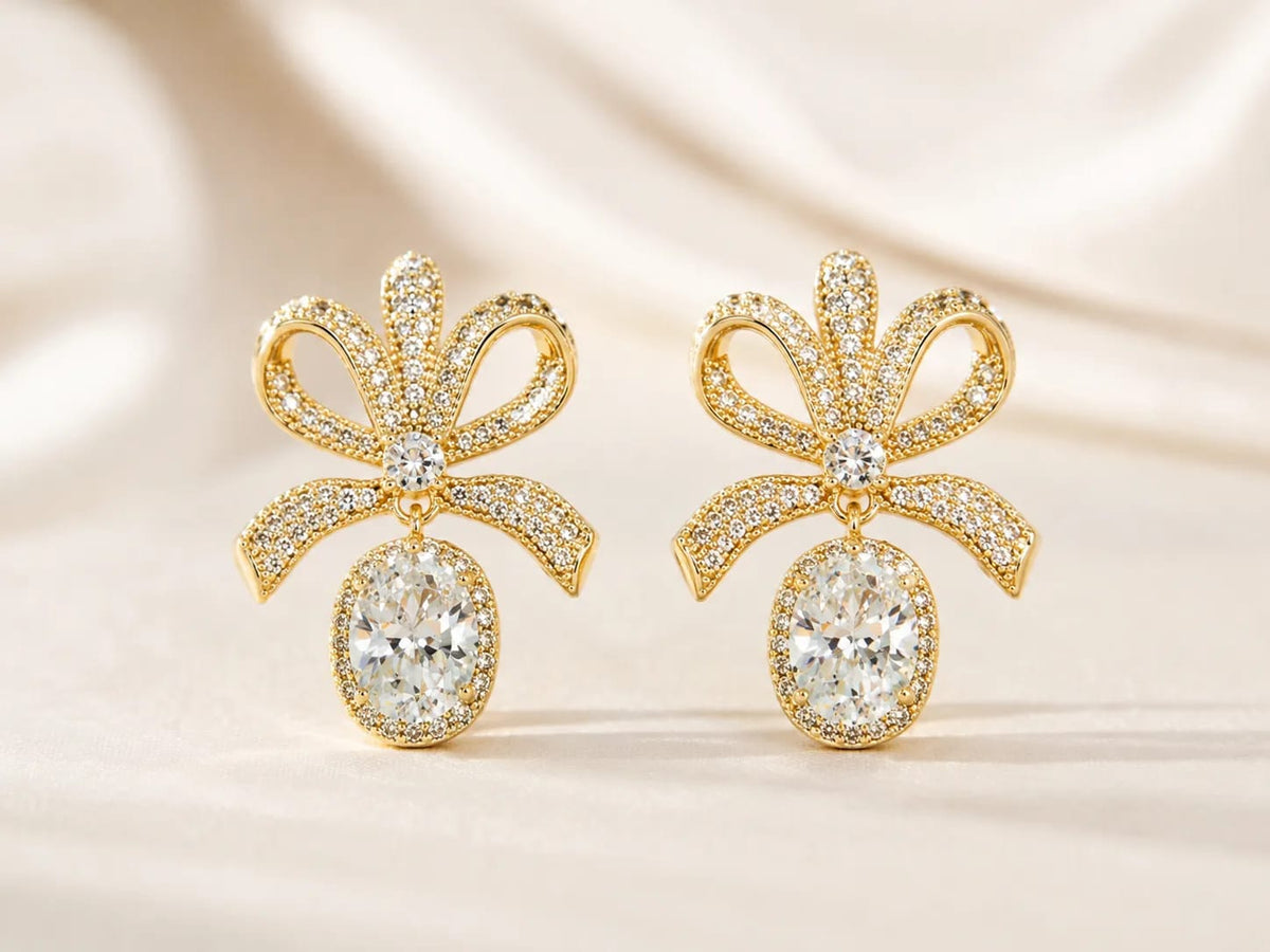 Pearlina Golden Bow CZ Drop Earrings