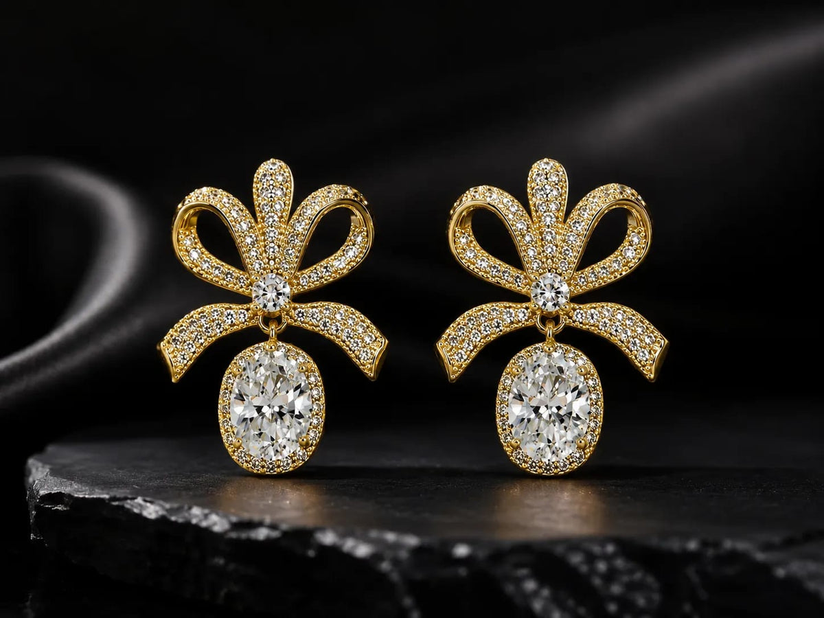 Pearlina Golden Bow CZ Drop Earrings