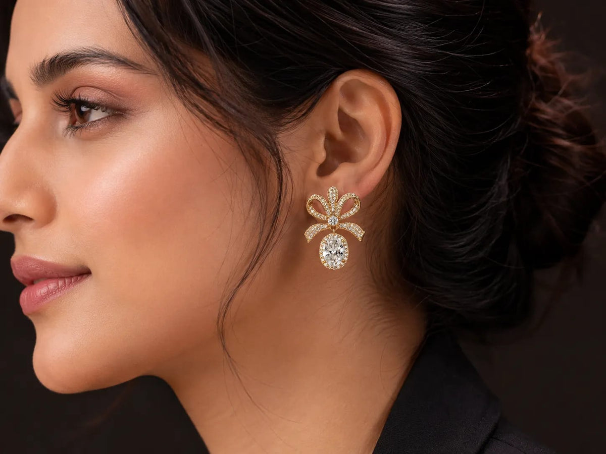 Pearlina Golden Bow CZ Drop Earrings