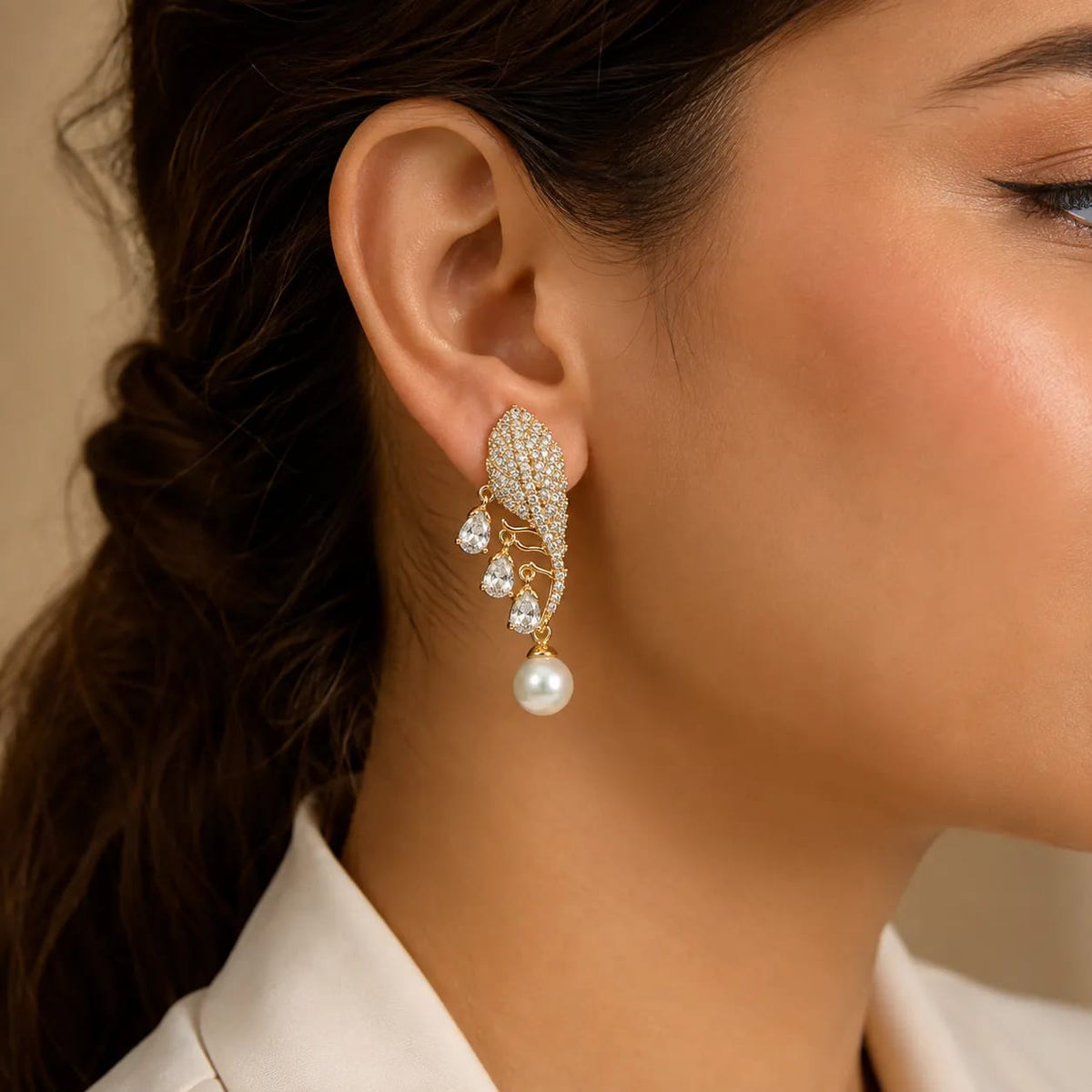 Aurelle Leaf Pearl Drop Earrings