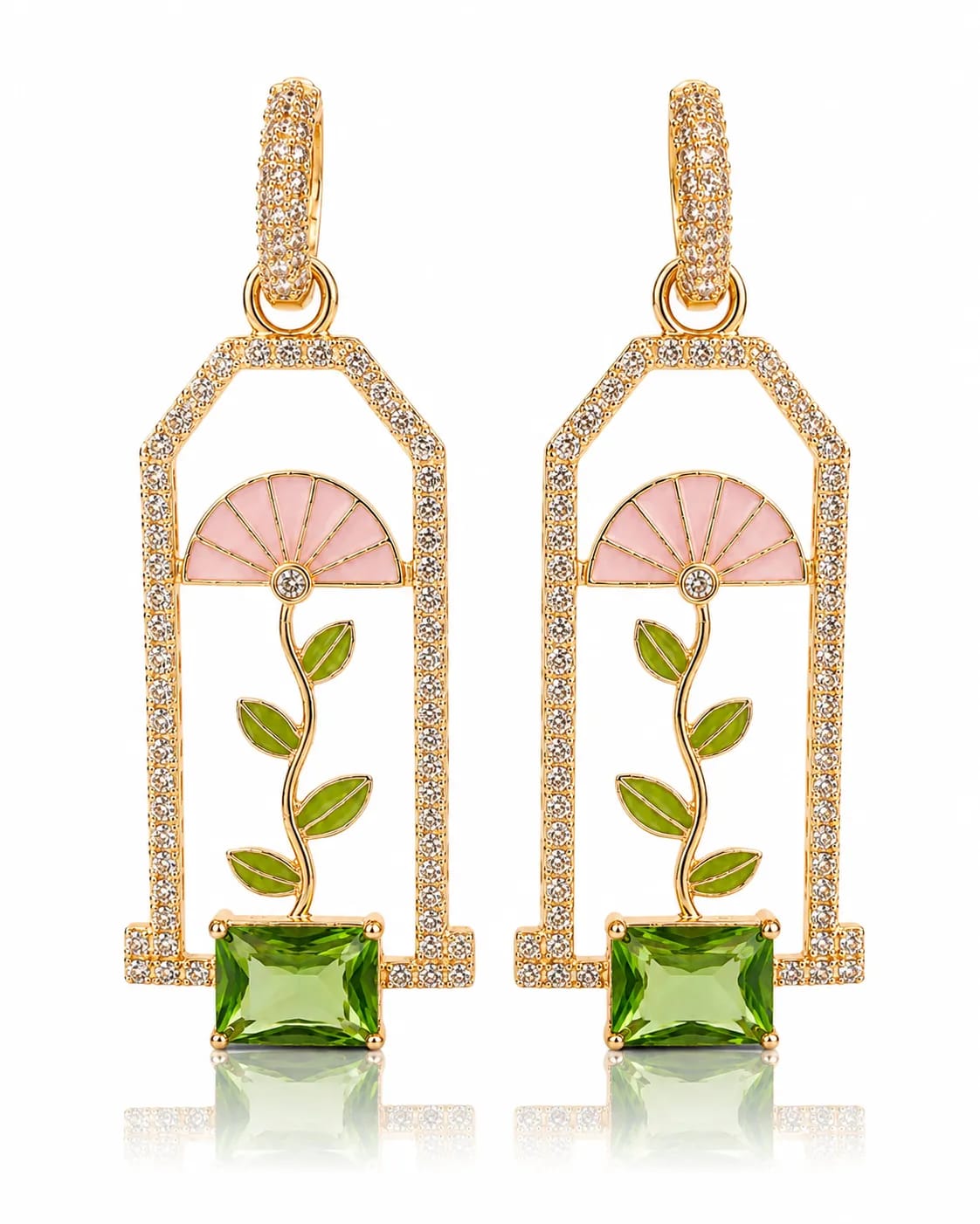 Verdalia Pink Enamel Green Stone Drop Earrings