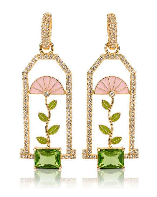 Verdalia Pink Enamel Green Stone Drop Earrings