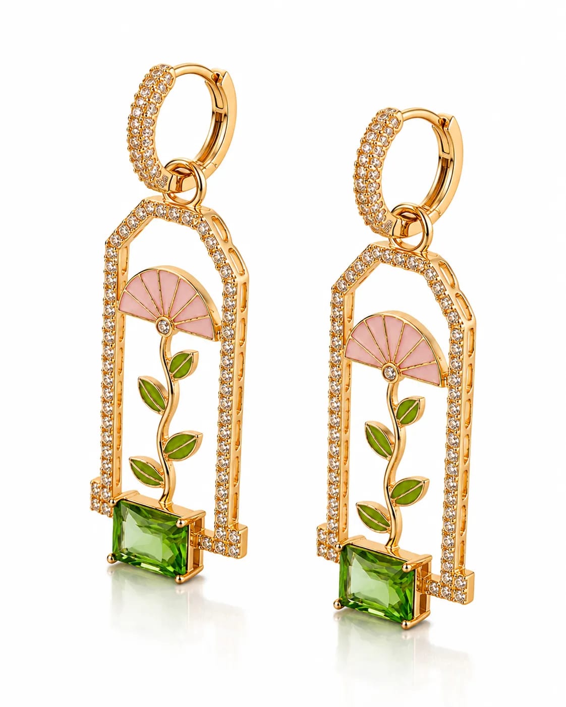 Verdalia Pink Enamel Green Stone Drop Earrings