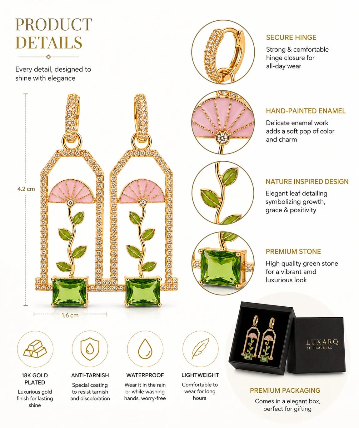 Verdalia Pink Enamel Green Stone Drop Earrings