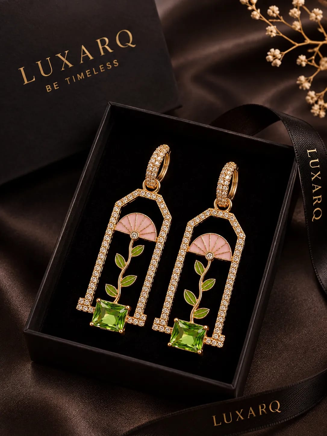 Verdalia Pink Enamel Green Stone Drop Earrings