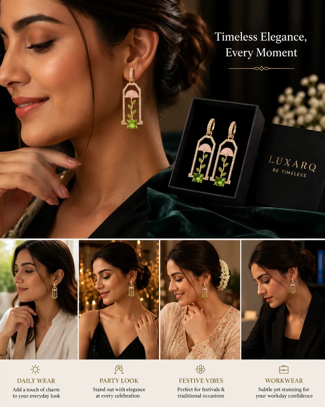 Verdalia Pink Enamel Green Stone Drop Earrings