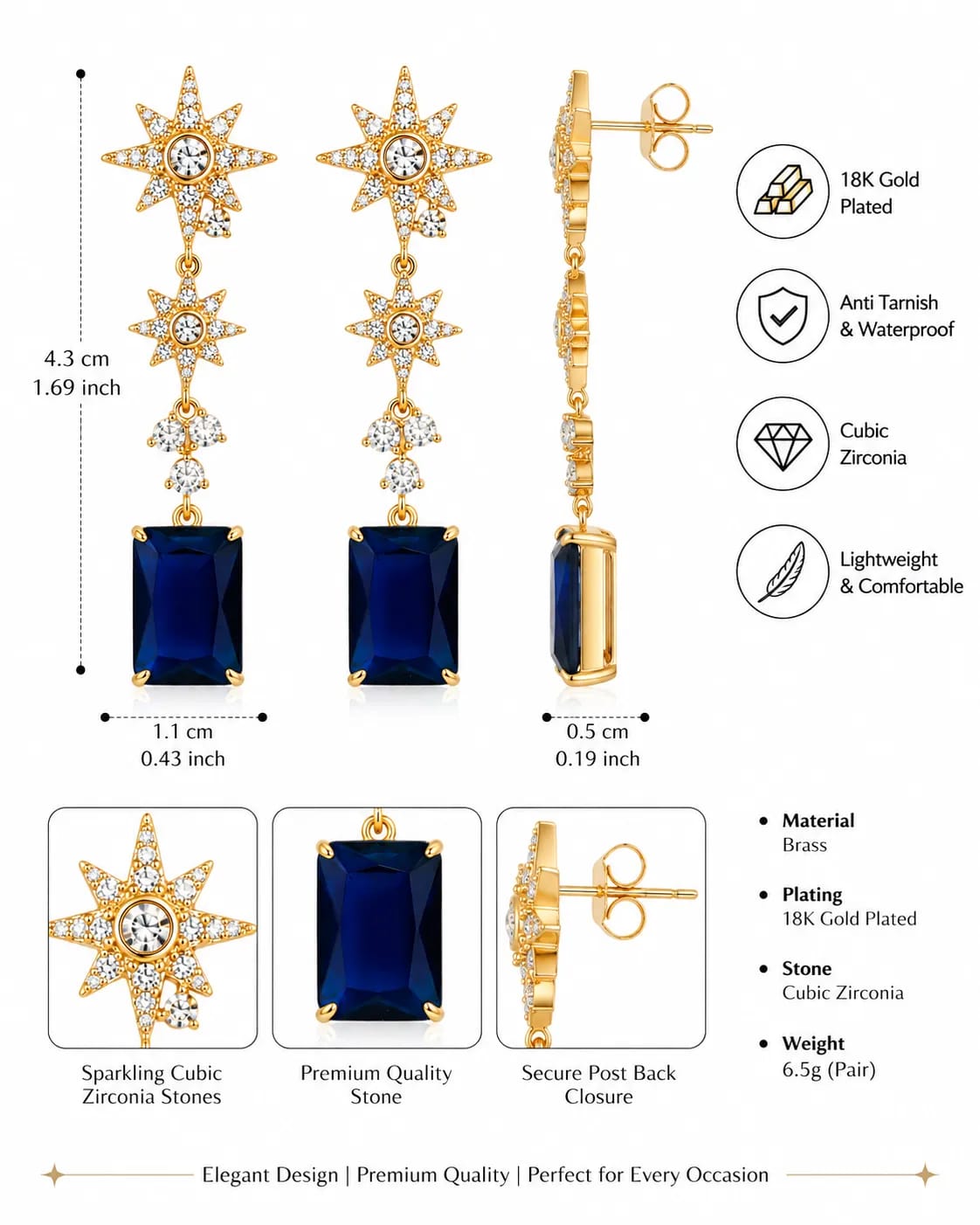 Azure Star Blue Stone Drop Earrings