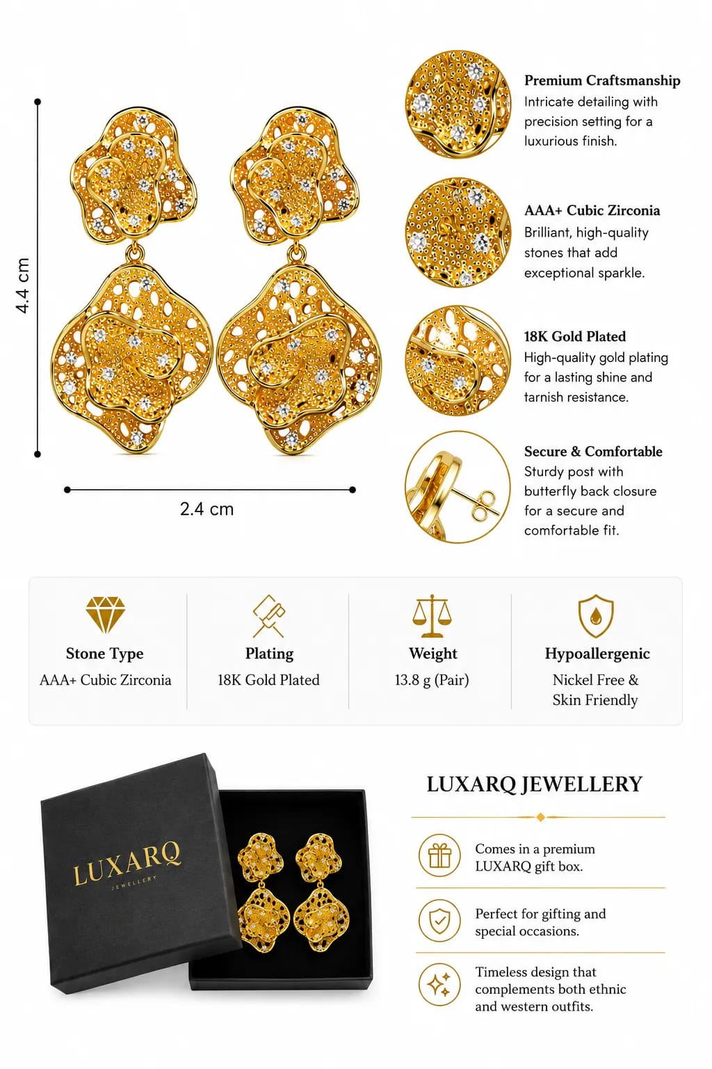 LUXARQ Gold Tone Floral Statement Earrings