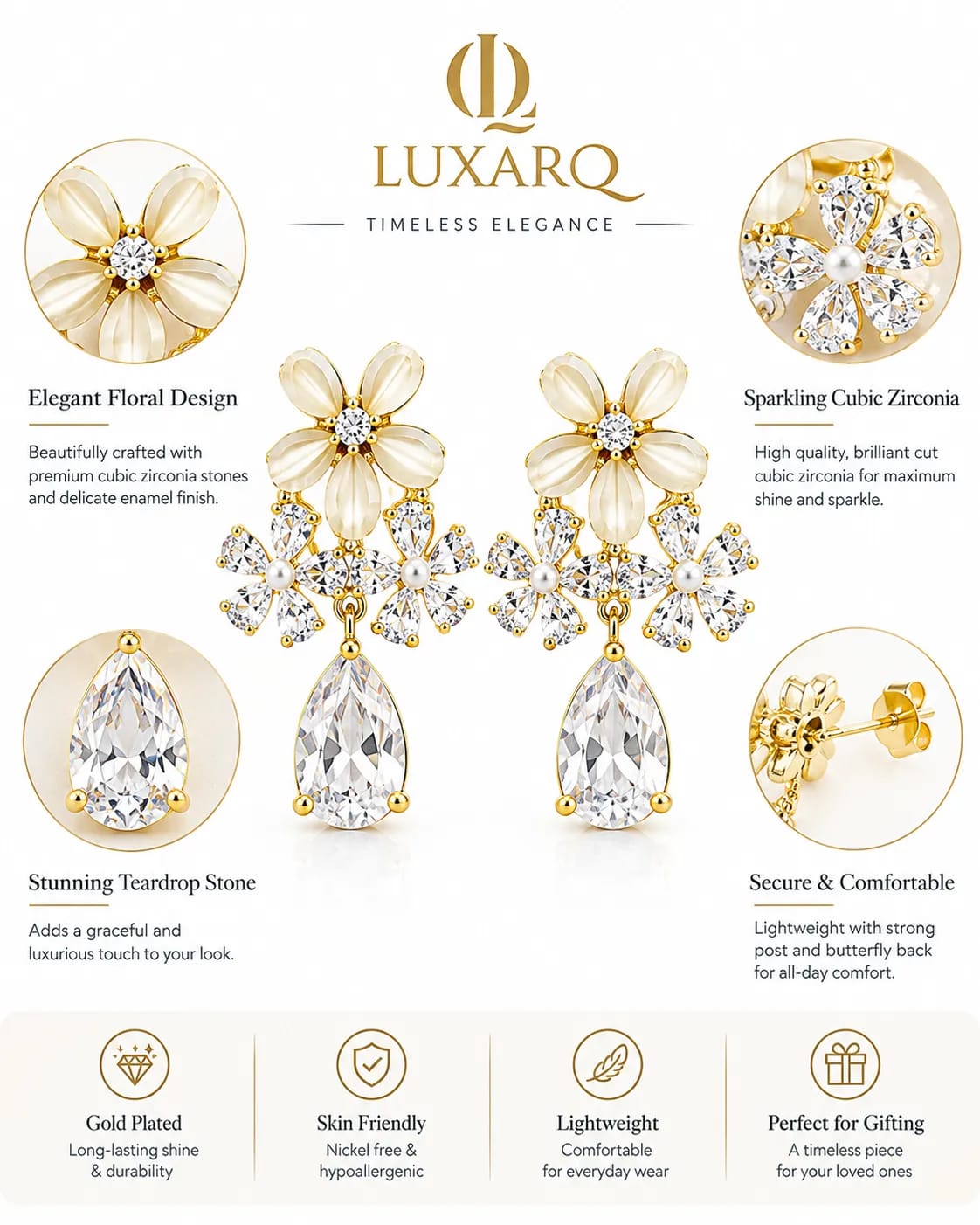 LUXARQ Floral Crystal Drop Earrings