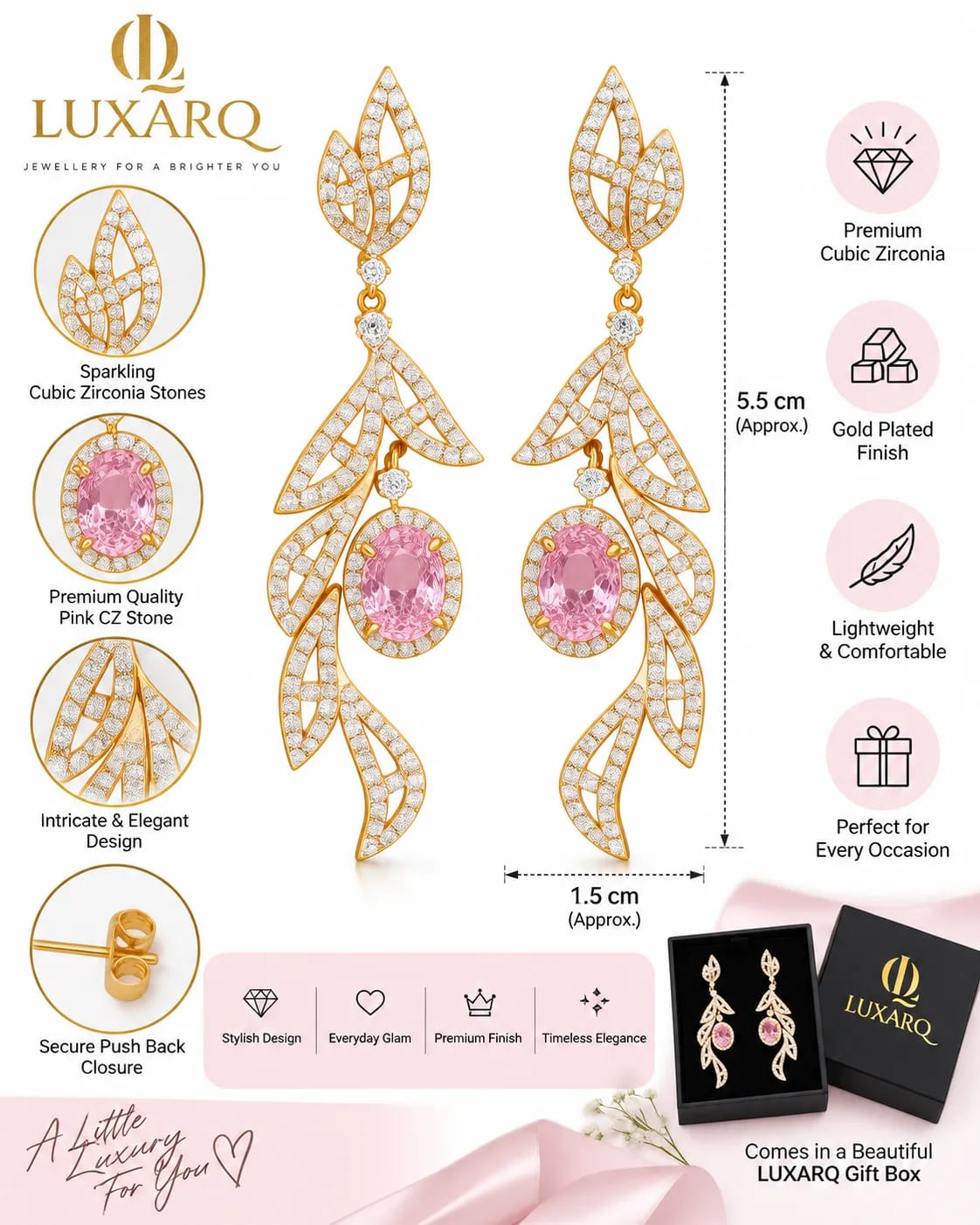 Petalia Pink Leaf CZ Drop Earrings