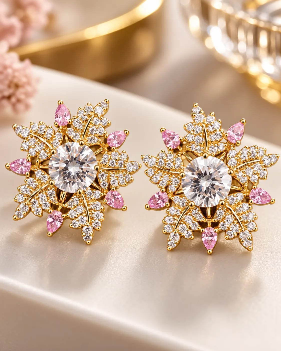Petaline Pink Floral CZ Stud Earrings
