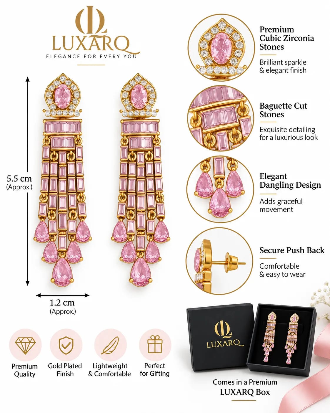 Roselle Pink CZ Baguette Drop Earrings