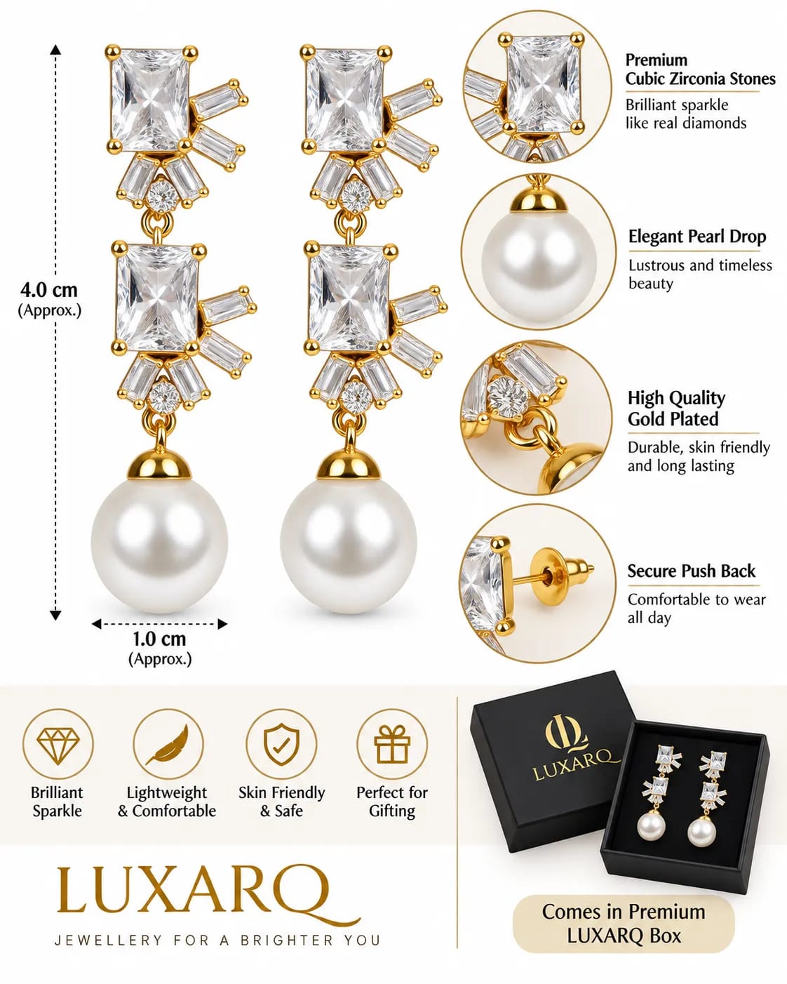 LUXARQ Gold Plated CZ Pearl Drop Earrings