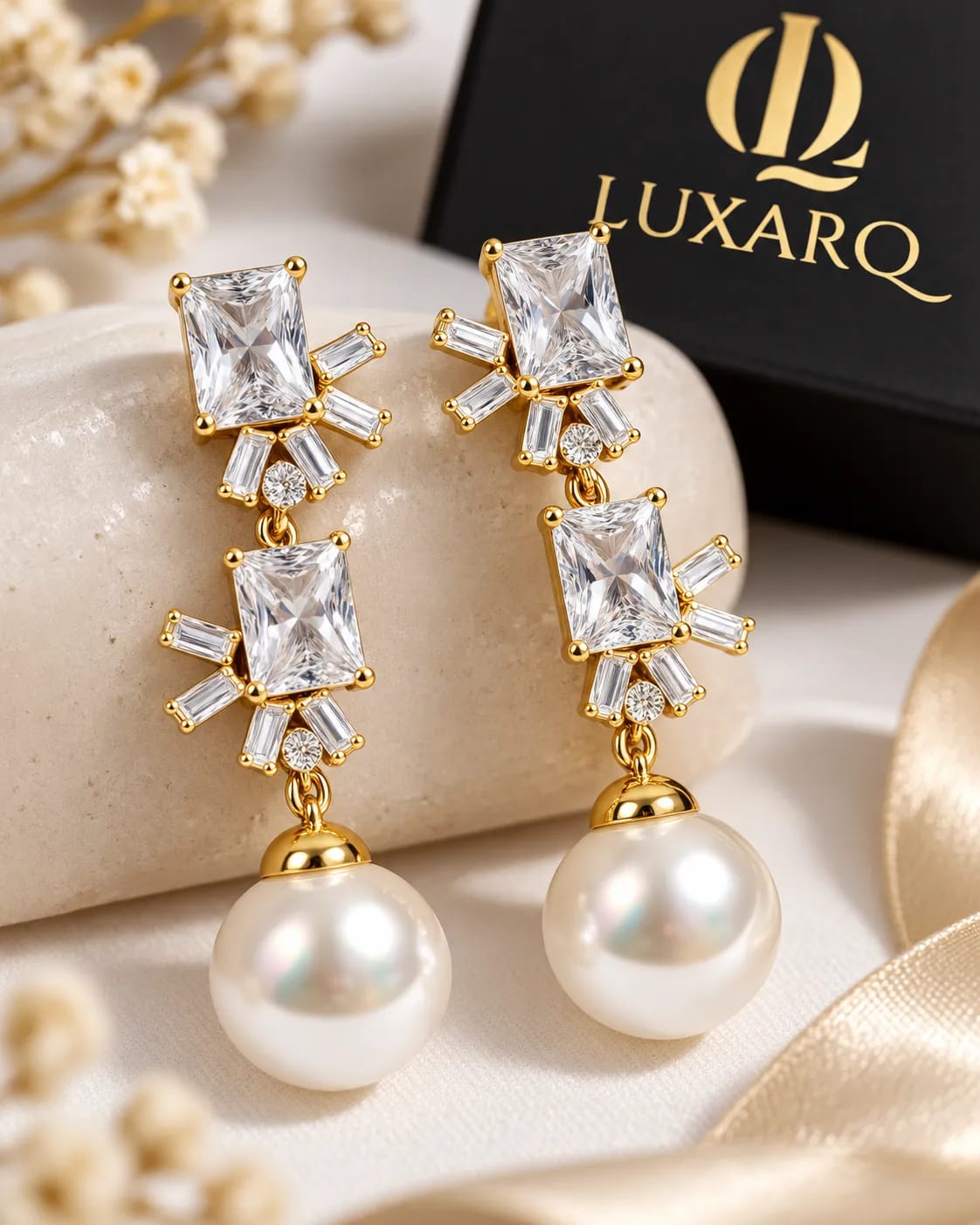 LUXARQ Gold Plated CZ Pearl Drop Earrings