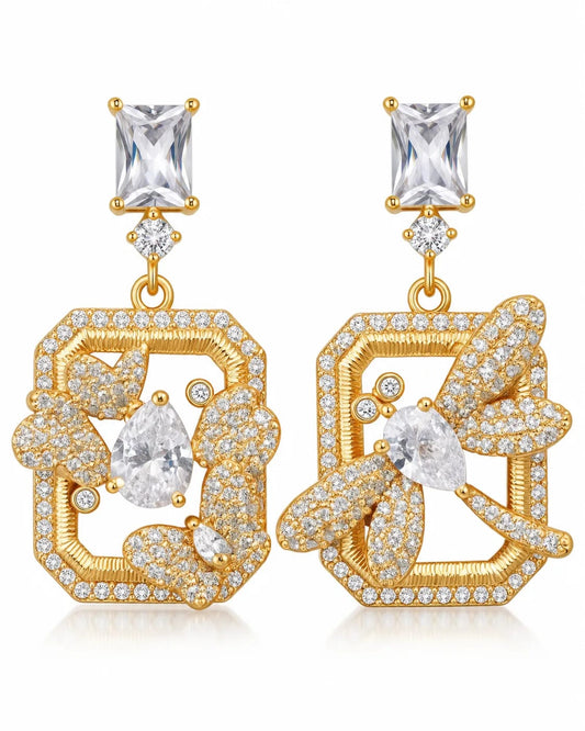 Seravelle Gold Floral Geometric Drop Earrings