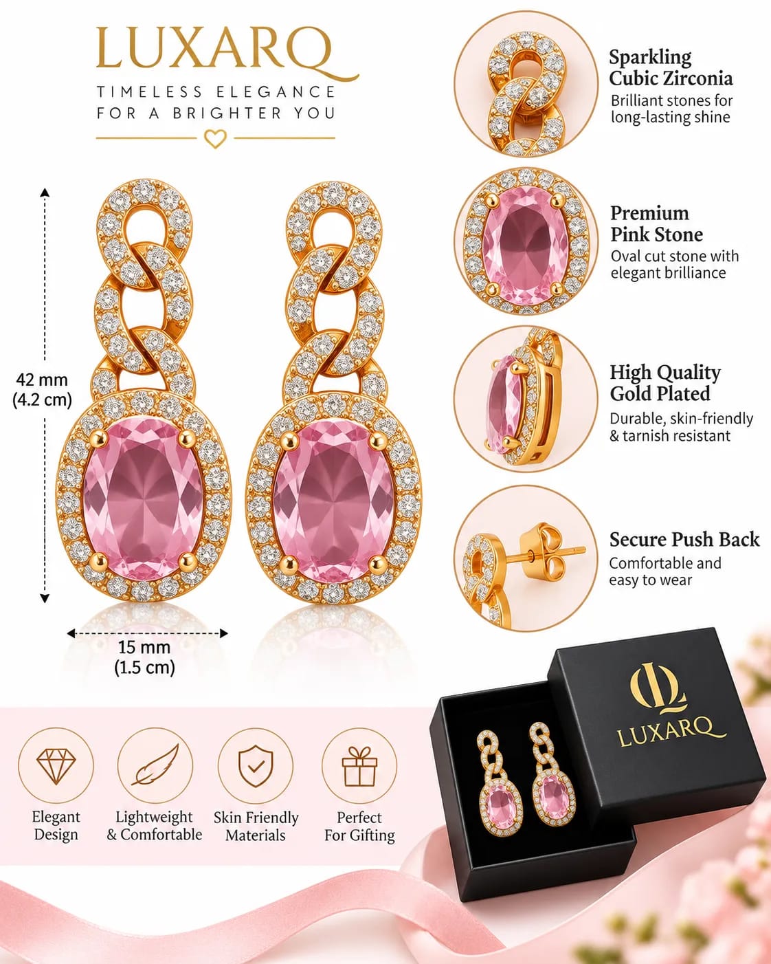 Roselle Pink Crystal Loop Drop Earrings