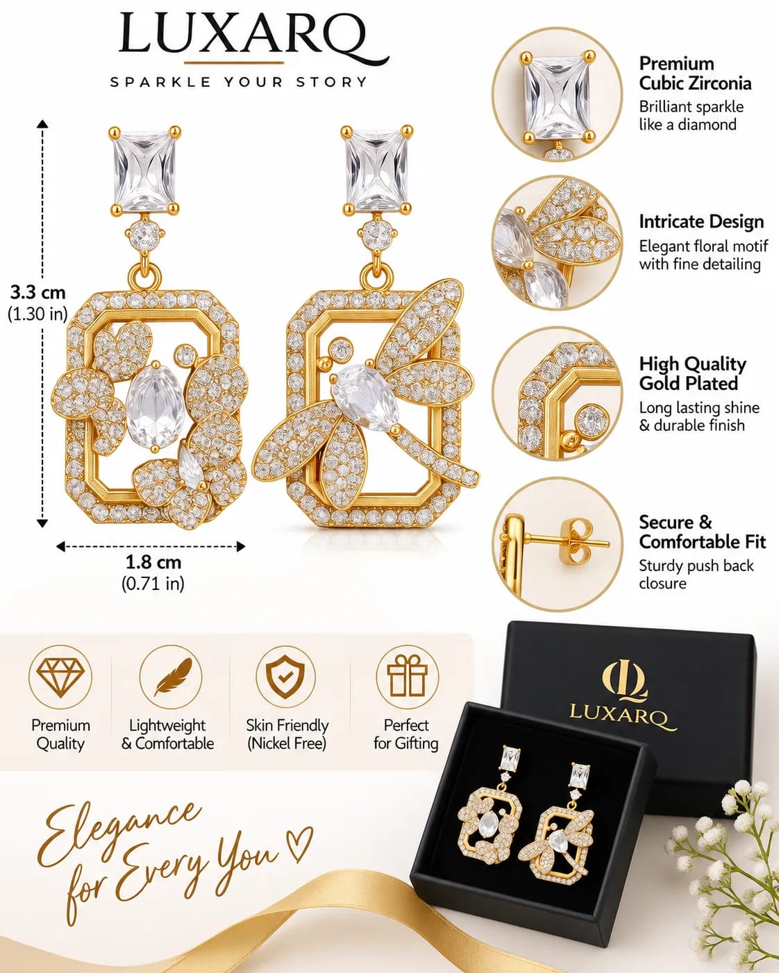 Seravelle Gold Floral Geometric Drop Earrings
