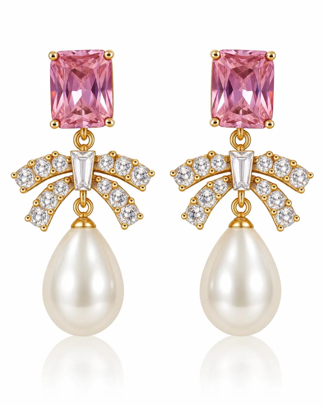 Roselle Pink CZ Bow Pearl Drop Earrings