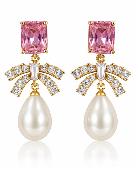 Roselle Pink CZ Bow Pearl Drop Earrings