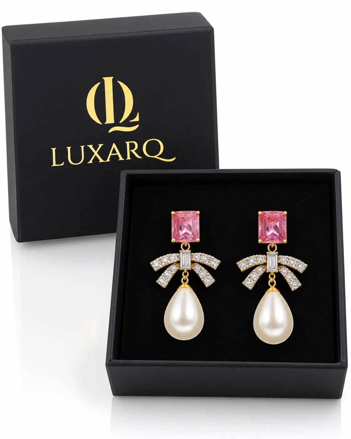 Roselle Pink CZ Bow Pearl Drop Earrings
