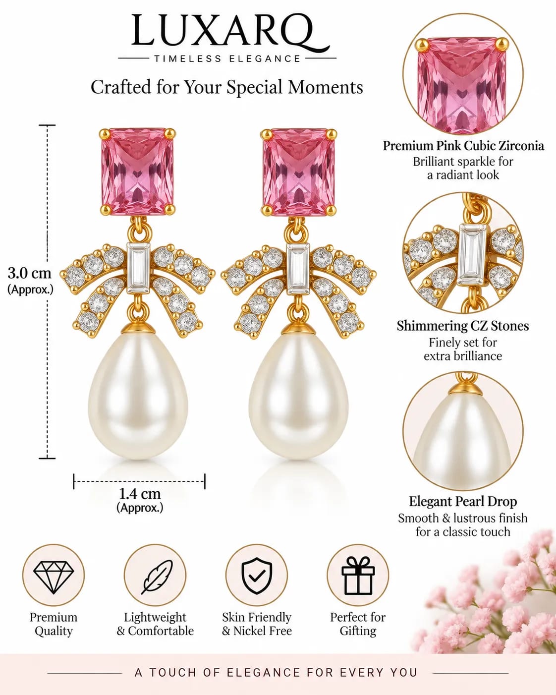 Roselle Pink CZ Bow Pearl Drop Earrings