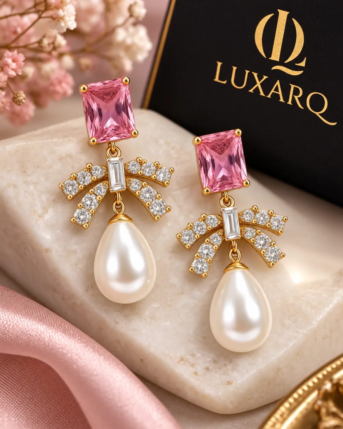 Roselle Pink CZ Bow Pearl Drop Earrings
