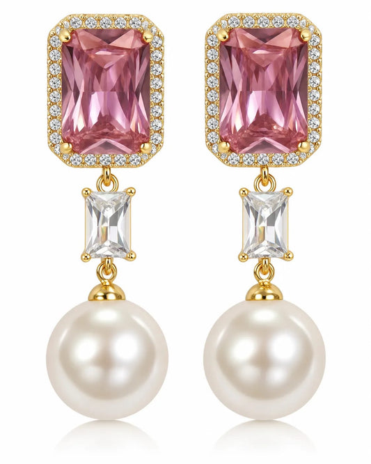 Roselle Pink CZ Pearl Drop Earrings