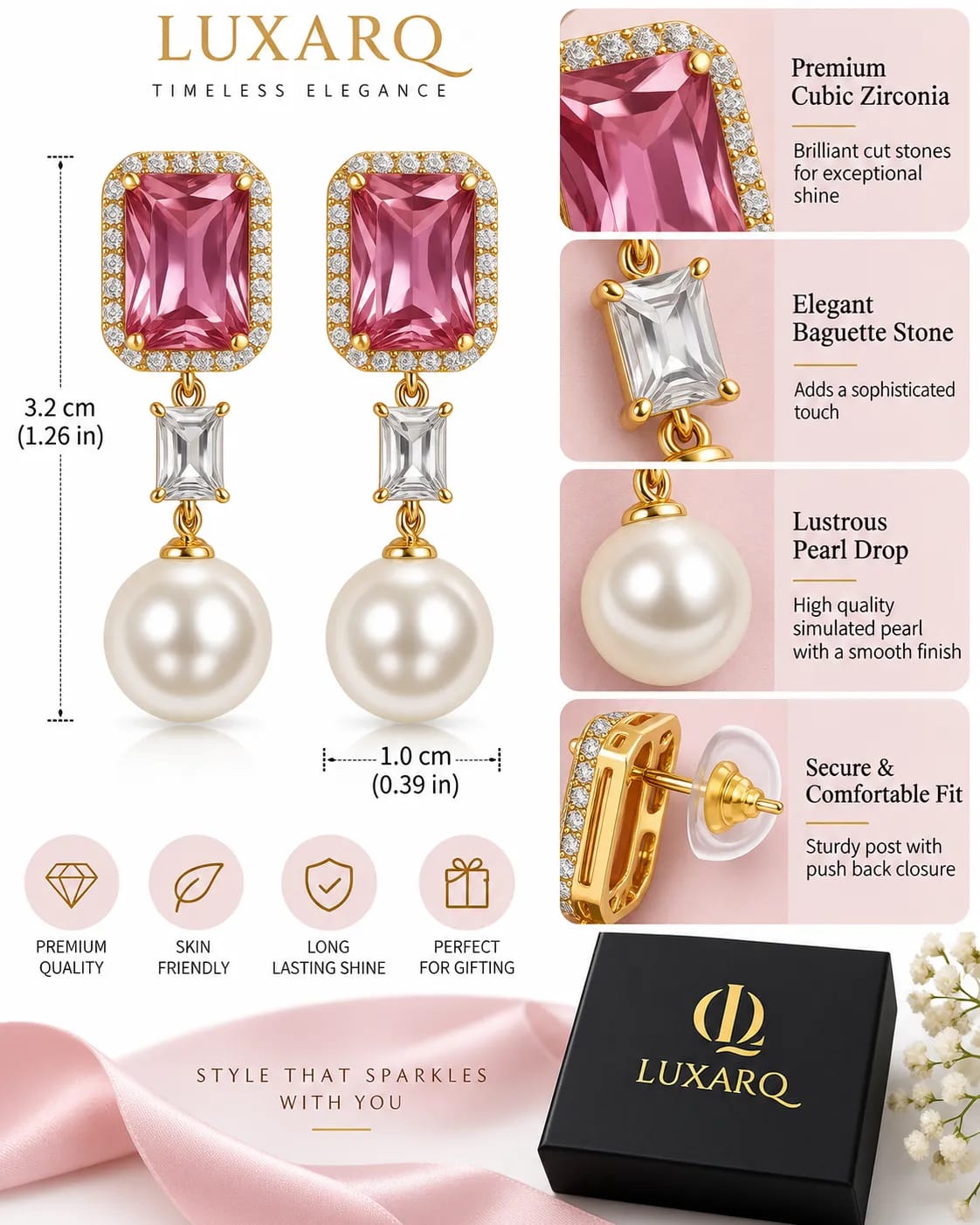 Roselle Pink CZ Pearl Drop Earrings