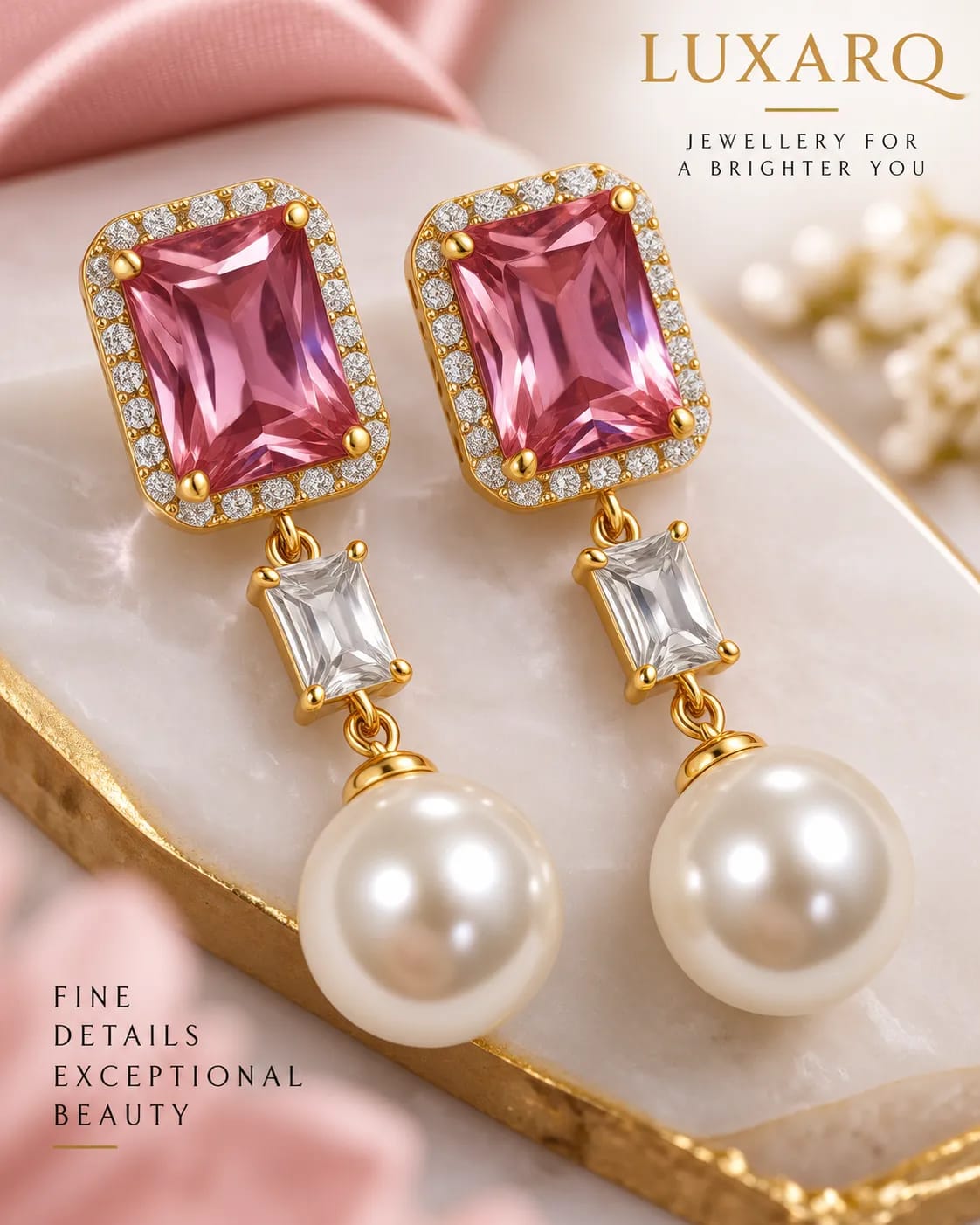 Roselle Pink CZ Pearl Drop Earrings