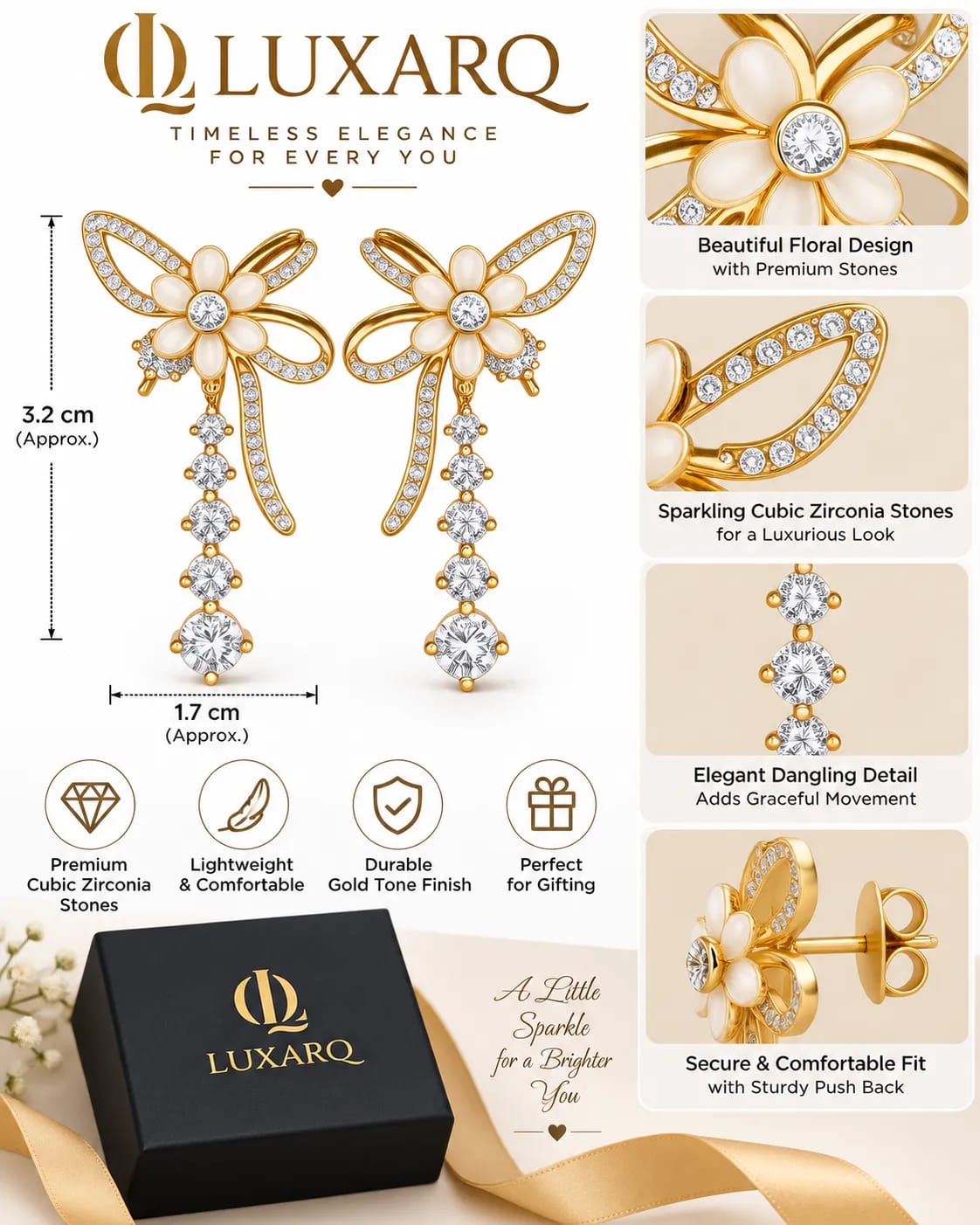 Florielle Gold-Tone CZ Floral Dangle Earrings