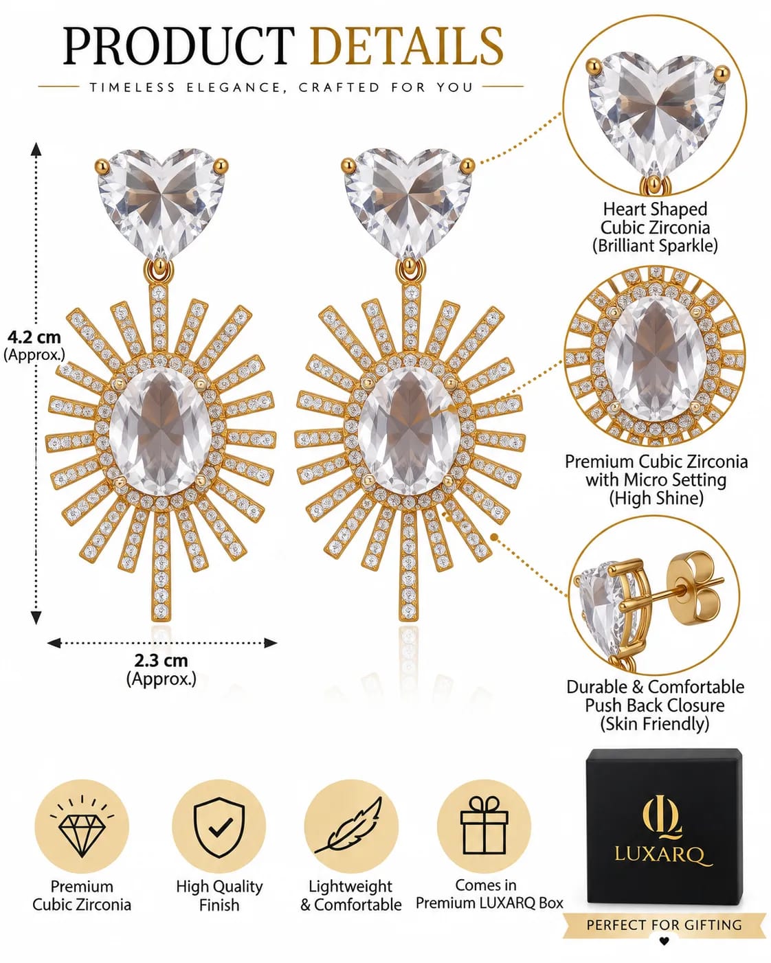Solara Sunburst Heart CZ Statement Earrings