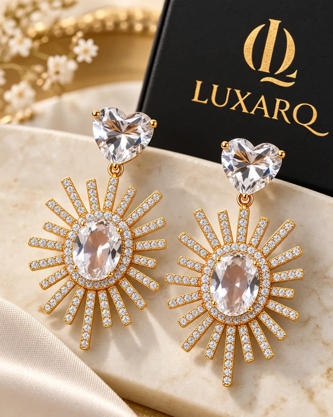 Solara Sunburst Heart CZ Statement Earrings