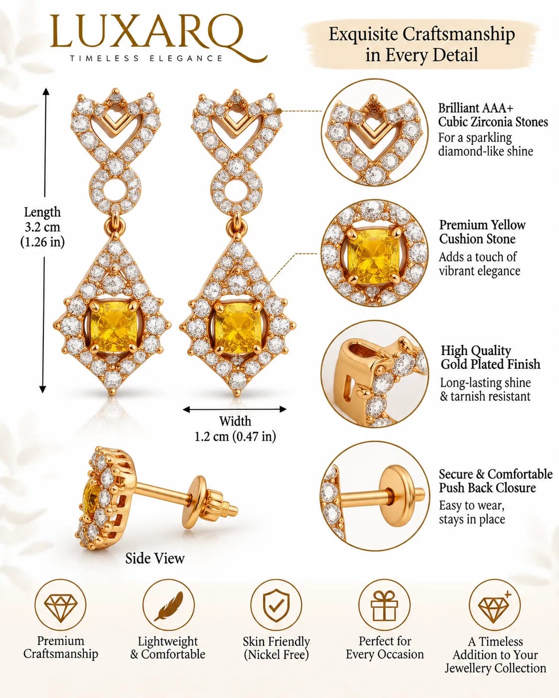 Rosaline Yellow Heart CZ Drop Earrings