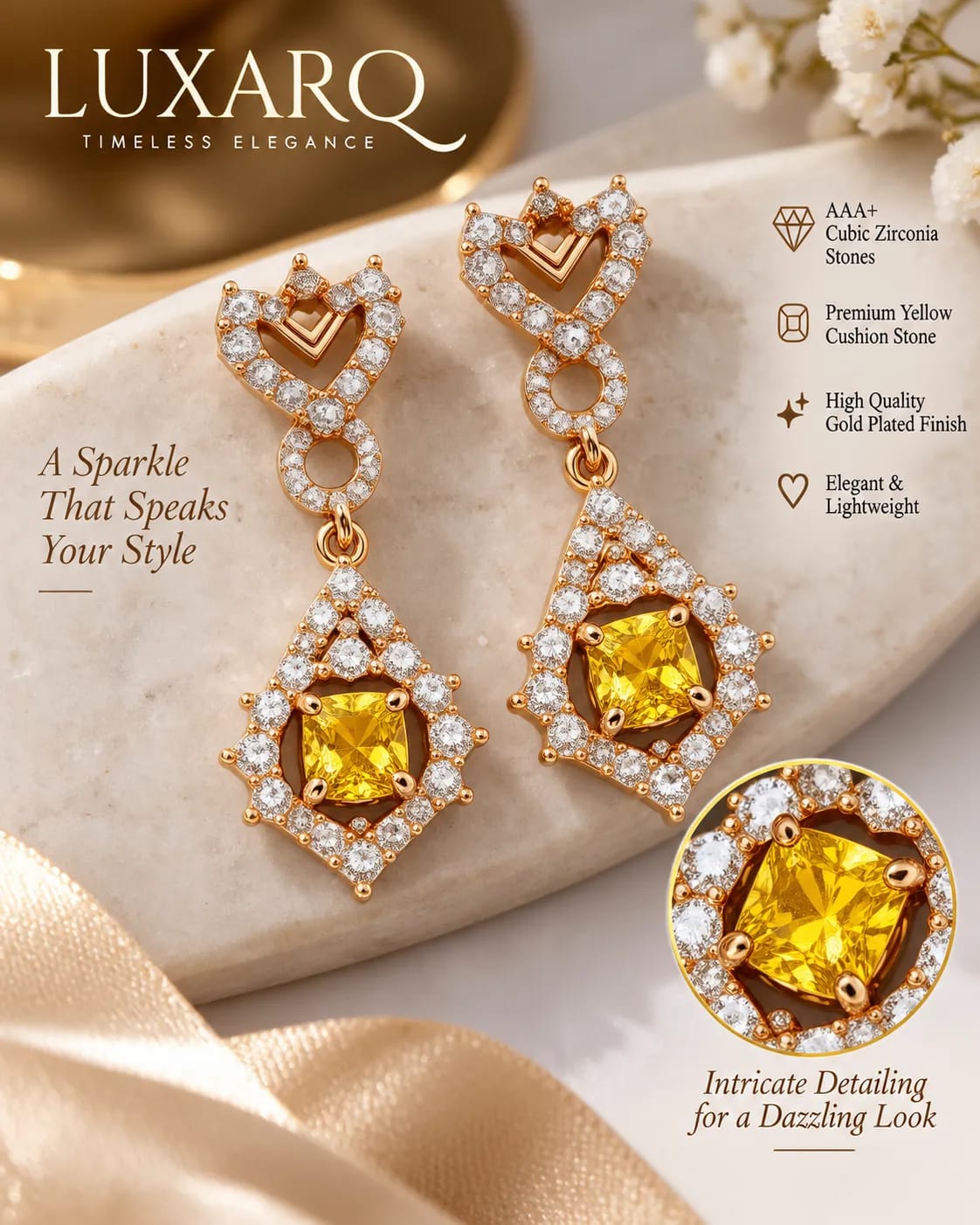 Rosaline Yellow Heart CZ Drop Earrings
