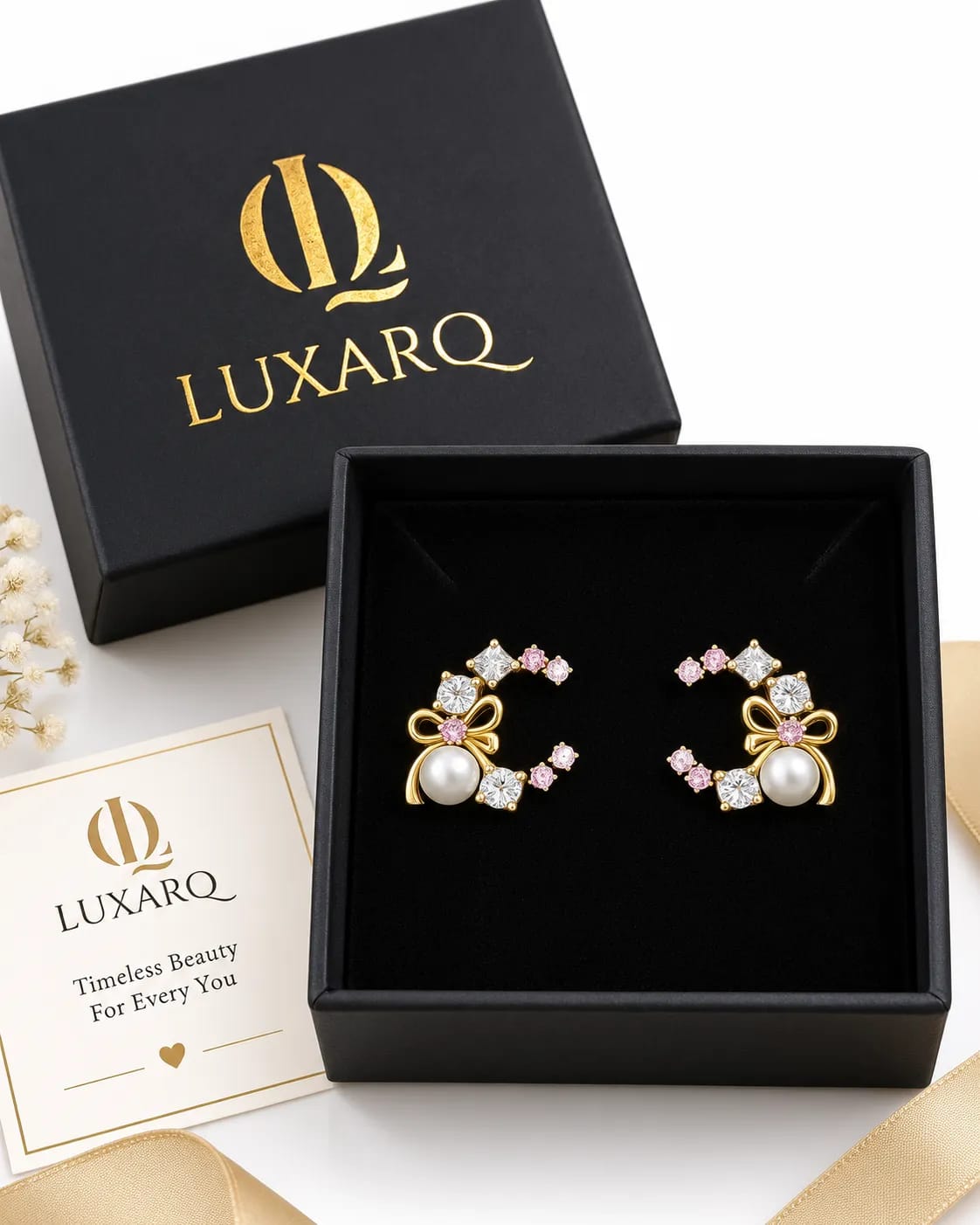 LUXARQ Pink CZ Pearl Bow Stud Earrings