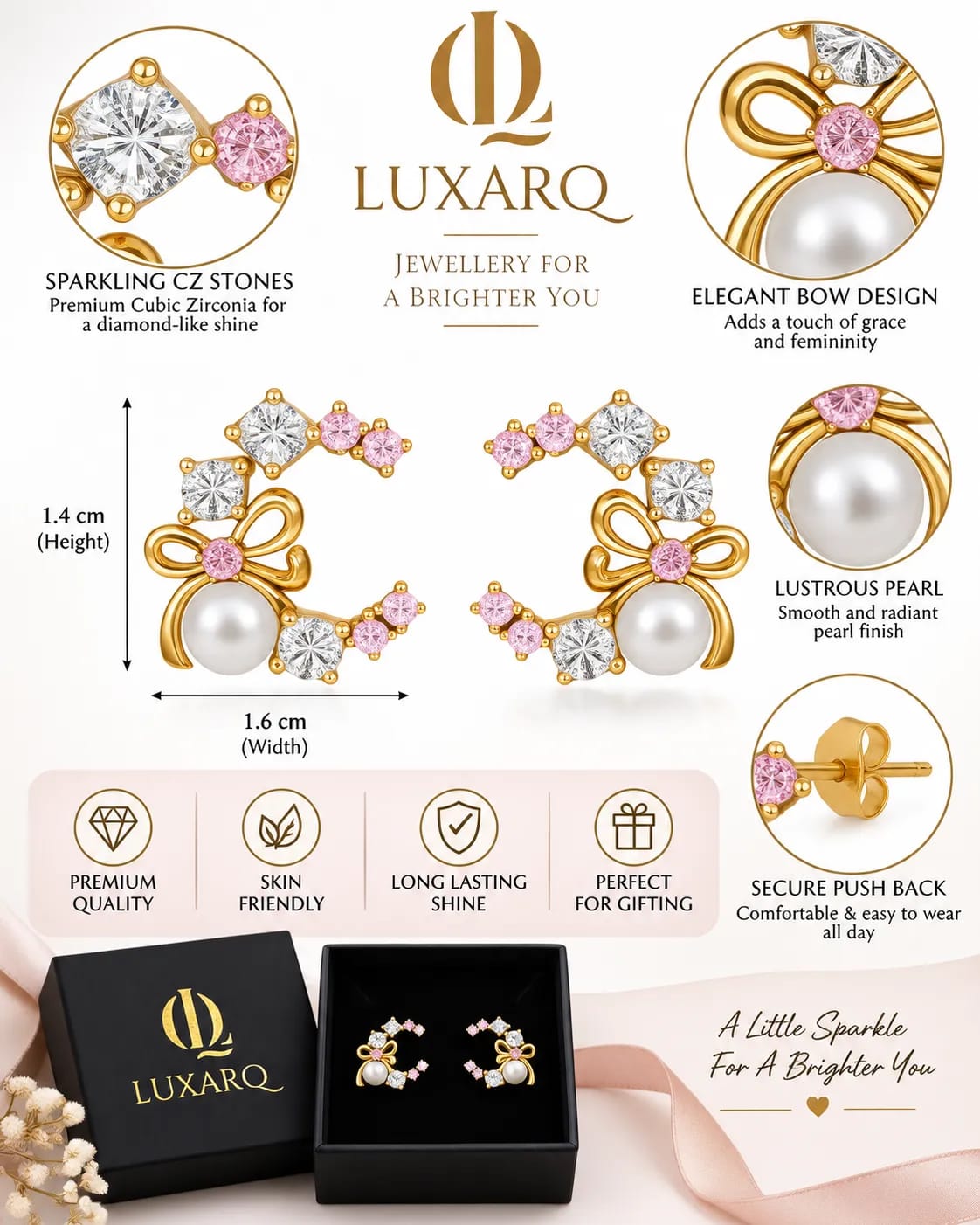 LUXARQ Pink CZ Pearl Bow Stud Earrings