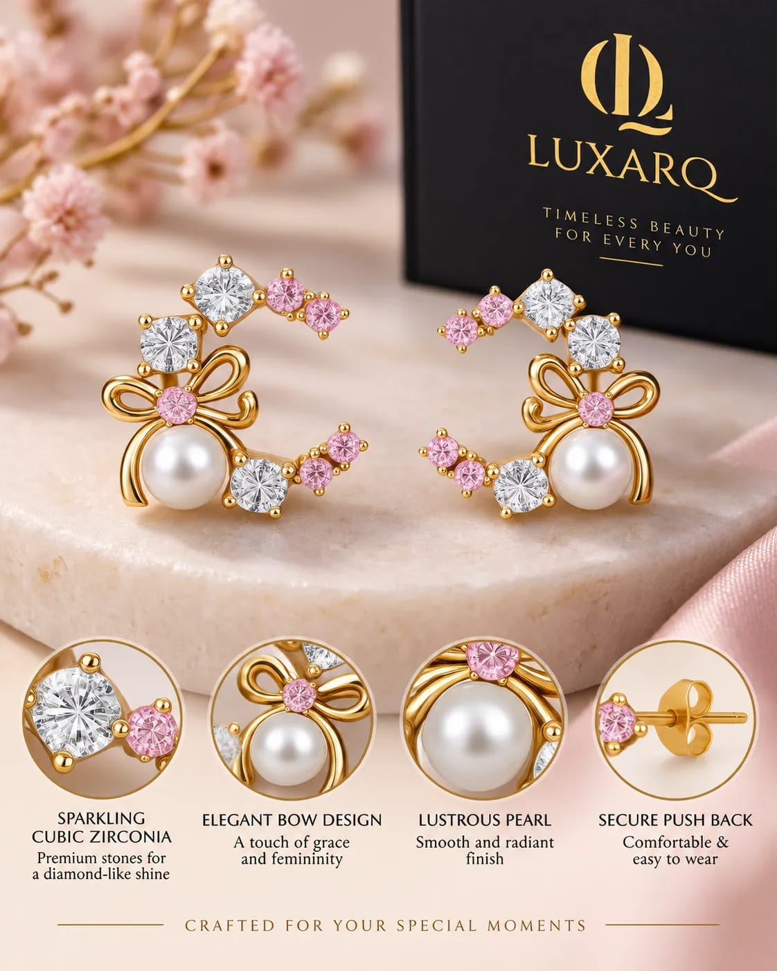 LUXARQ Pink CZ Pearl Bow Stud Earrings