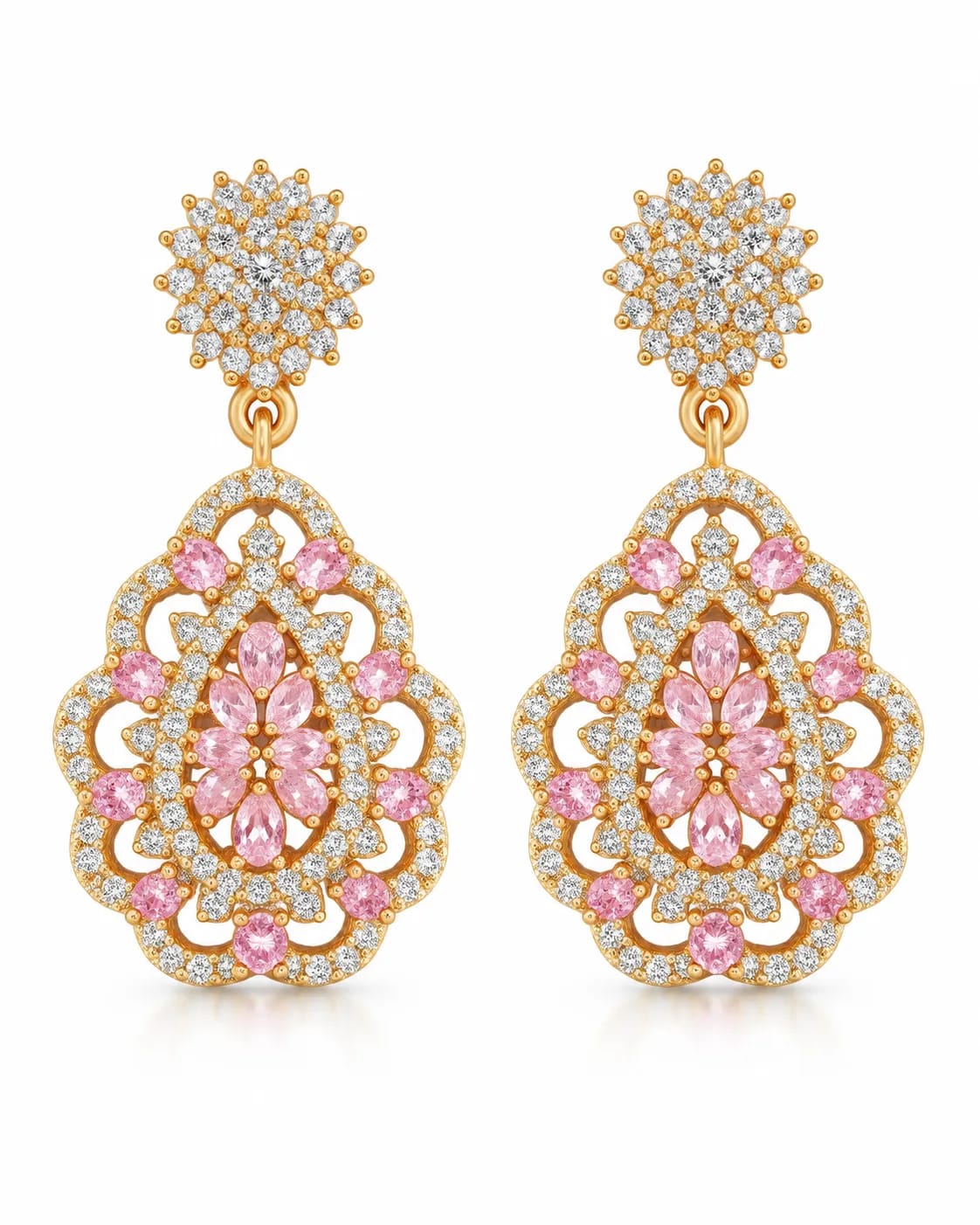 Roselle Pink Floral Antique Gold Drop Earrings